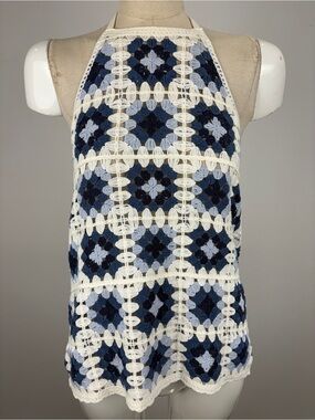 Joe Fresh Blue Granny Square Crochet Halter Top Boho Festival Knit Tank M